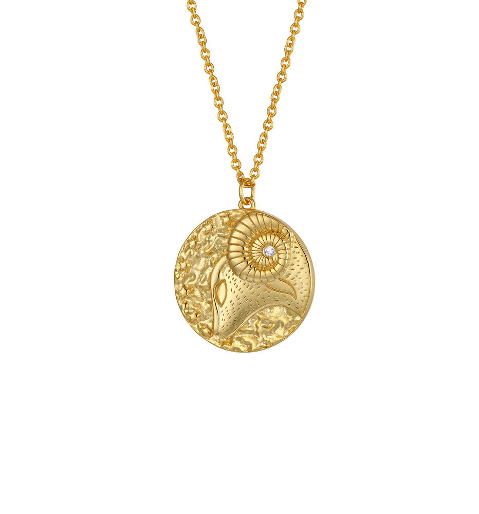 Aries Zodiac Double Sided Coin Pendant Gold and Crystal Necklace