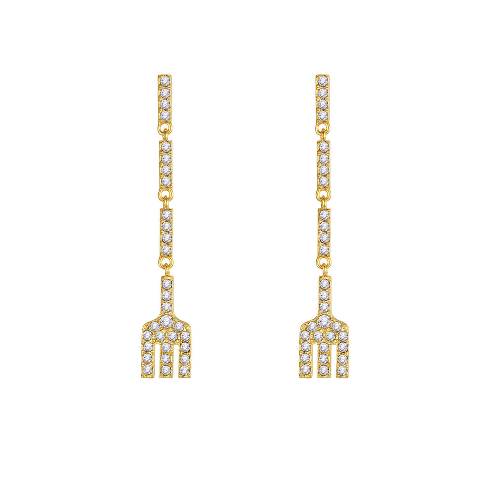 Gold-plated Long Forks Earrings with Crystals