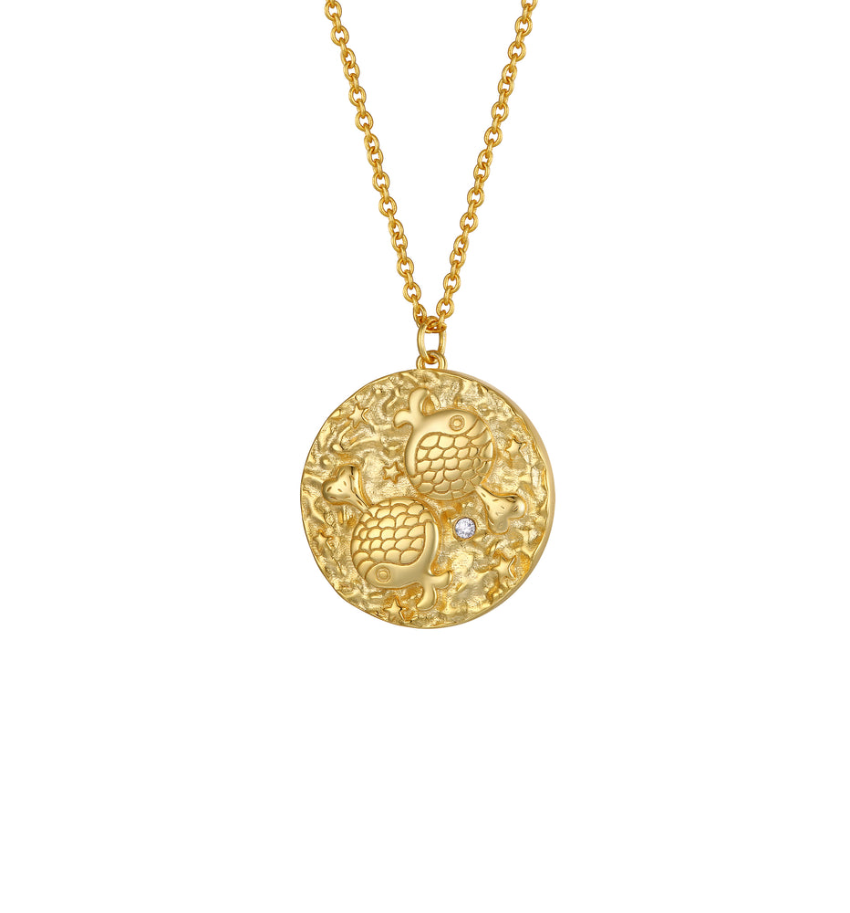 Pisces Zodiac Double Sided Coin Pendant Gold and Crystal Necklace