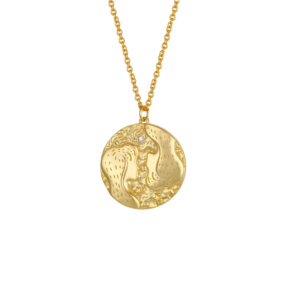 Gemini Zodiac Double Sided Coin Pendant Gold and Crystal Necklace