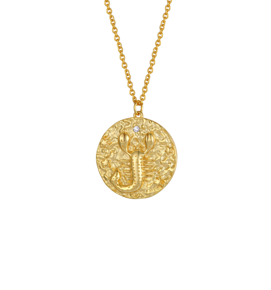 Scorpio Zodiac Double Sided Coin Pendant Gold and Crystal Necklace