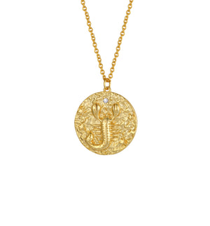 
                  
                    Scorpio Zodiac Double Sided Coin Pendant Gold and Crystal Necklace
                  
                