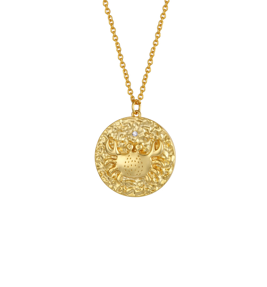 Cancer Zodiac Double Sided Coin Pendant Gold and Crystal Necklace