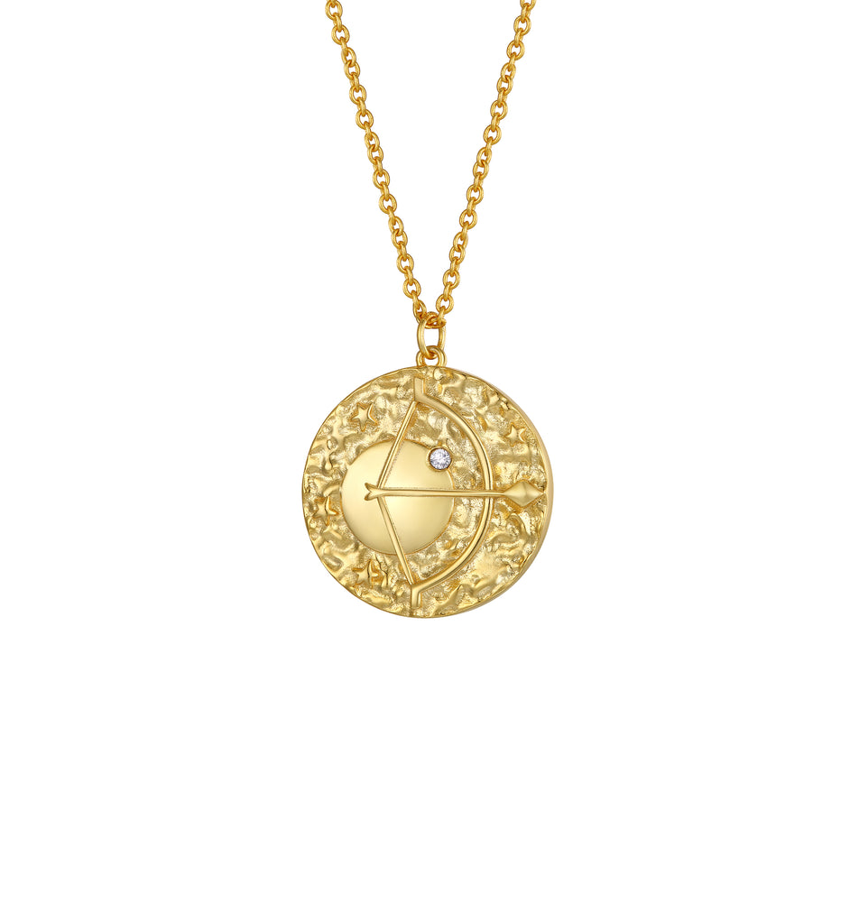 Sagittarius Zodiac Double Sided Coin Pendant Gold and Crystal Necklace