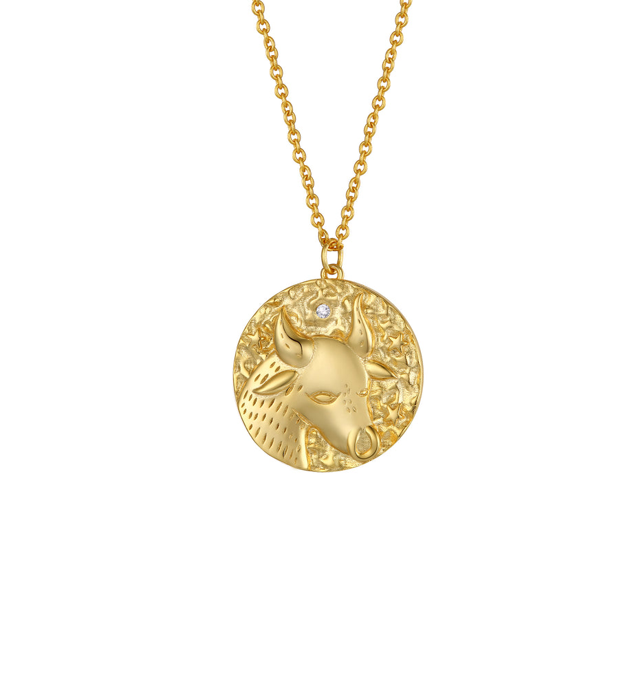 Taurus Zodiac Double Sided Coin Pendant Gold and Crystal Necklace