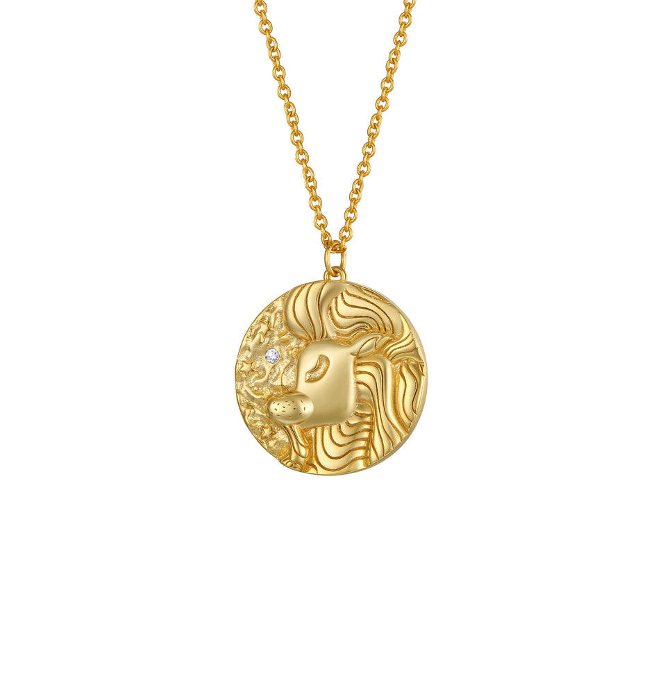 Leo Zodiac Double Sided Coin Pendant Gold and Crystal Necklace