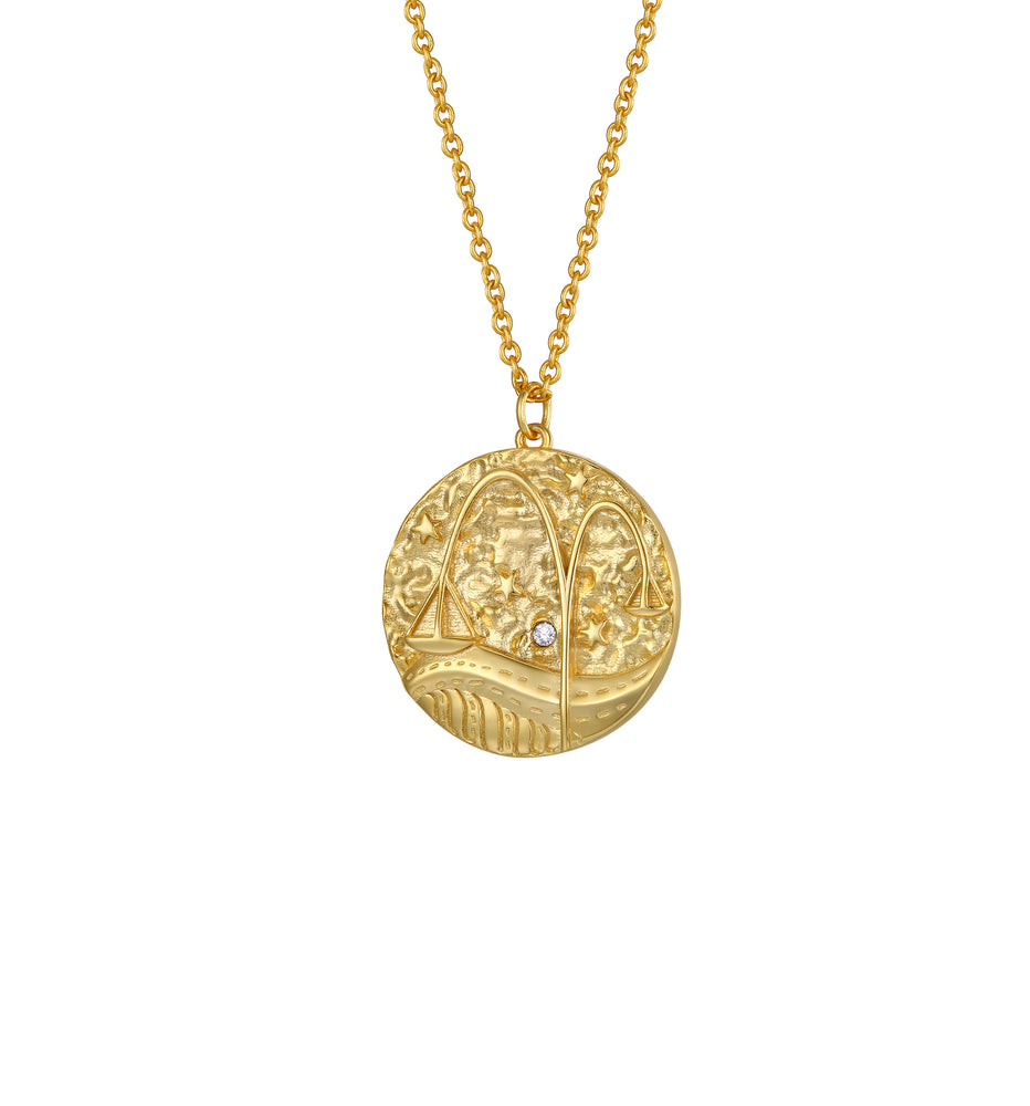 Libra Zodiac Double Sided Coin Pendant Gold and Crystal Necklace