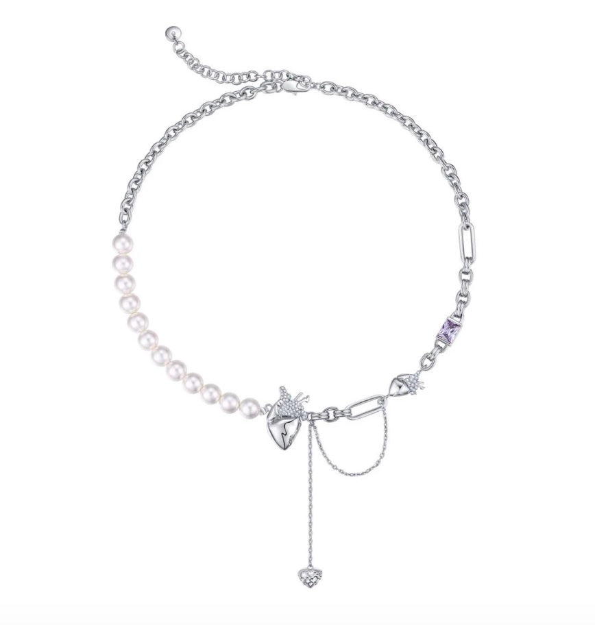 Beating Heart White Gold-plated Necklace with Pearls